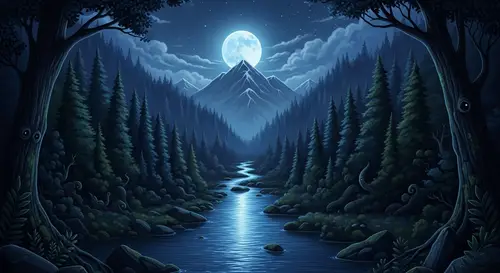 Dark Fantasy Scene: Enchanting Forests, River, Moon, Mountain