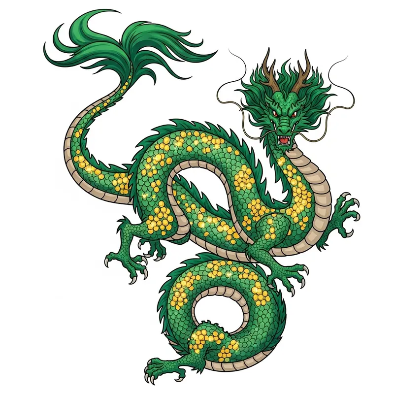 Emerald Green Dragon with Long Tail and Golden Coins
