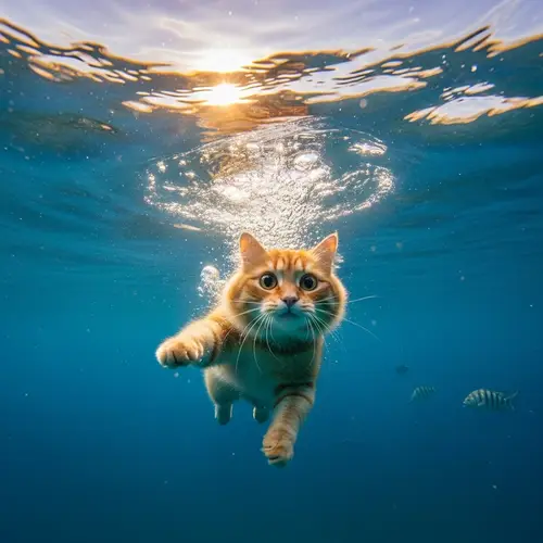 Brave Cat Diving into Deep, Clear Water