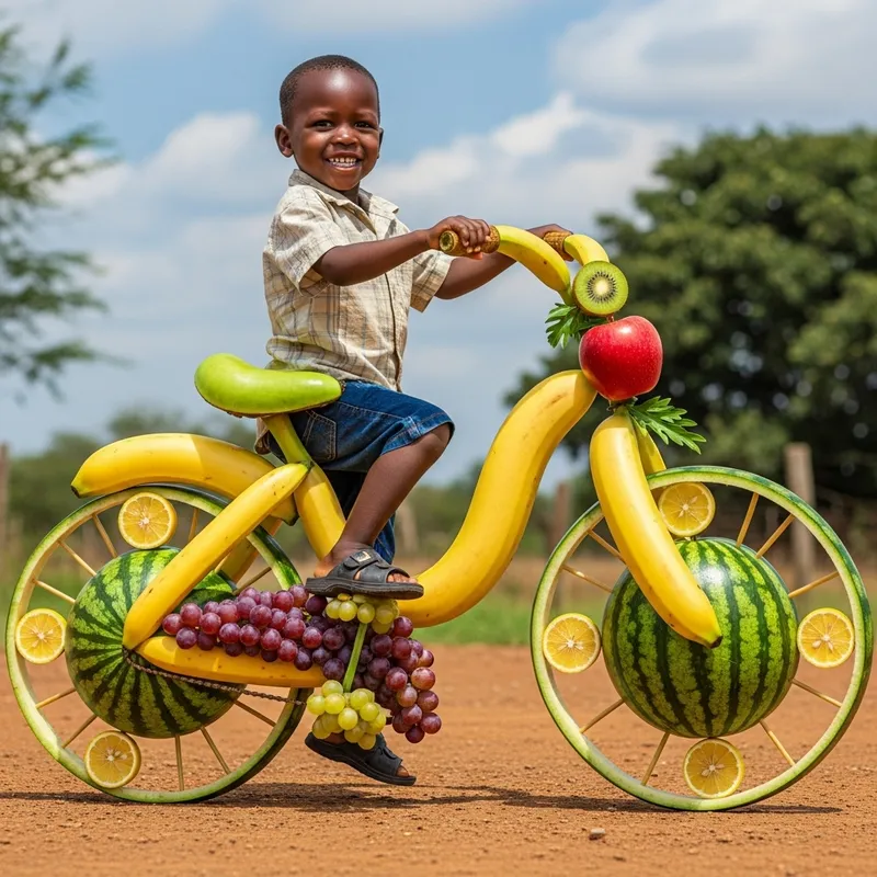 Imaginative African Child with Fruit Bicycle - Joyful and Colorful