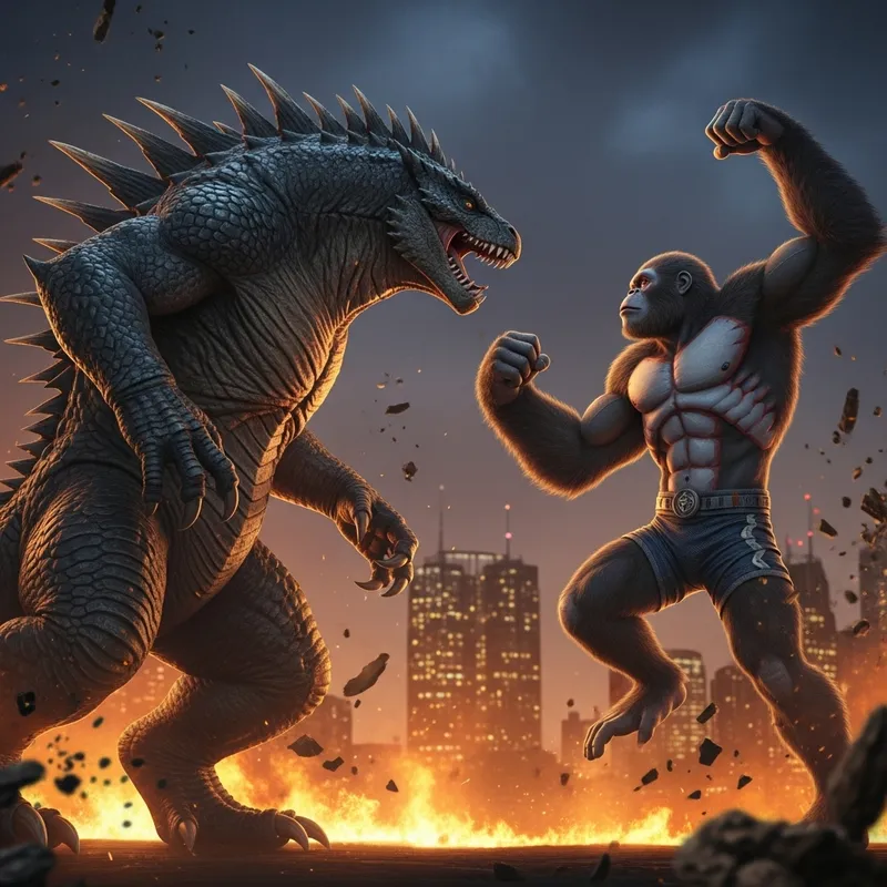 Godzilla vs Kong: Colossal Battle in Fiery Cityscape