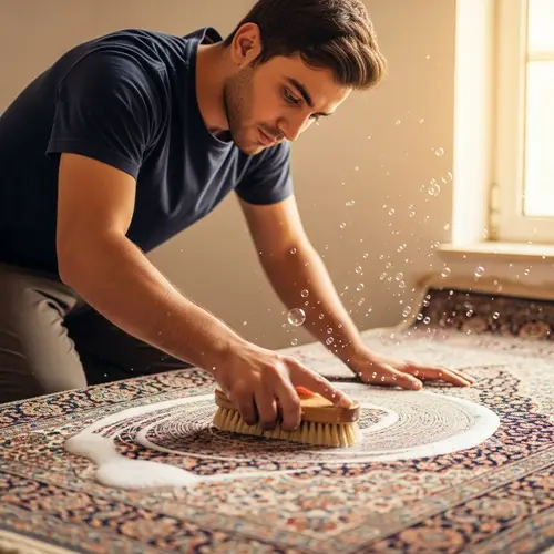Iranian Man Cleaning Persian Rug in Brightly Lit Room