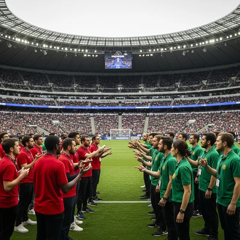Passionate Debate in Stadium: Red vs Green Groups