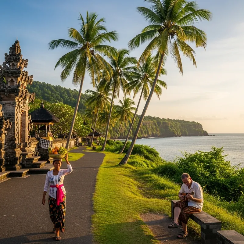 Bali Sunset with Balinese Temple and Locals Bali Sunset with Balinese Temple and Locals