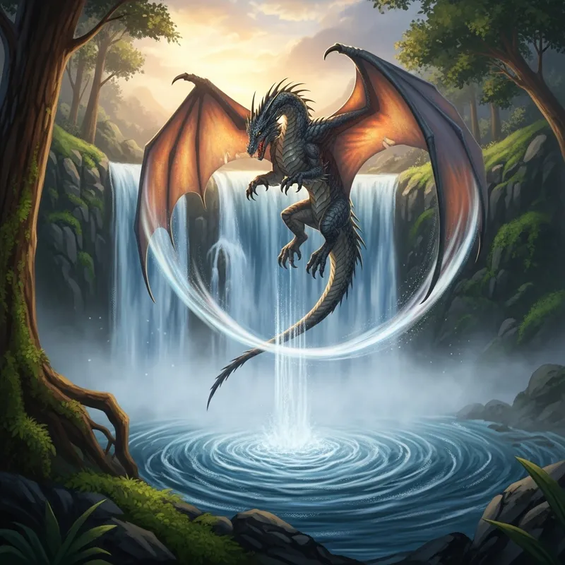 Majestic Dragon Soaring Over Waterfall