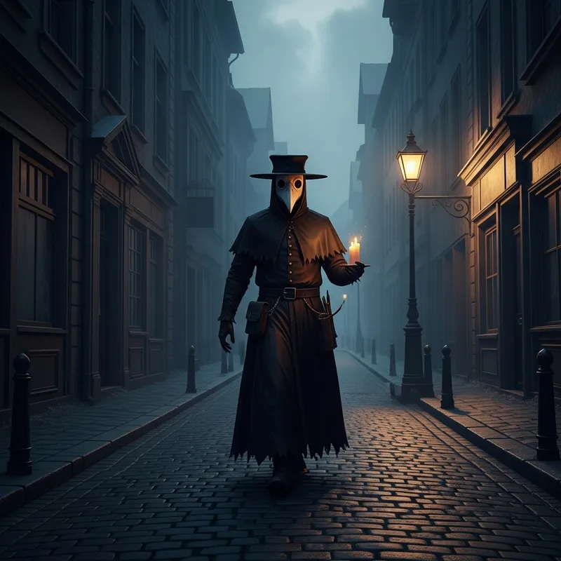 Eerie Street Encounter: Plague Doctor's Searching Journey