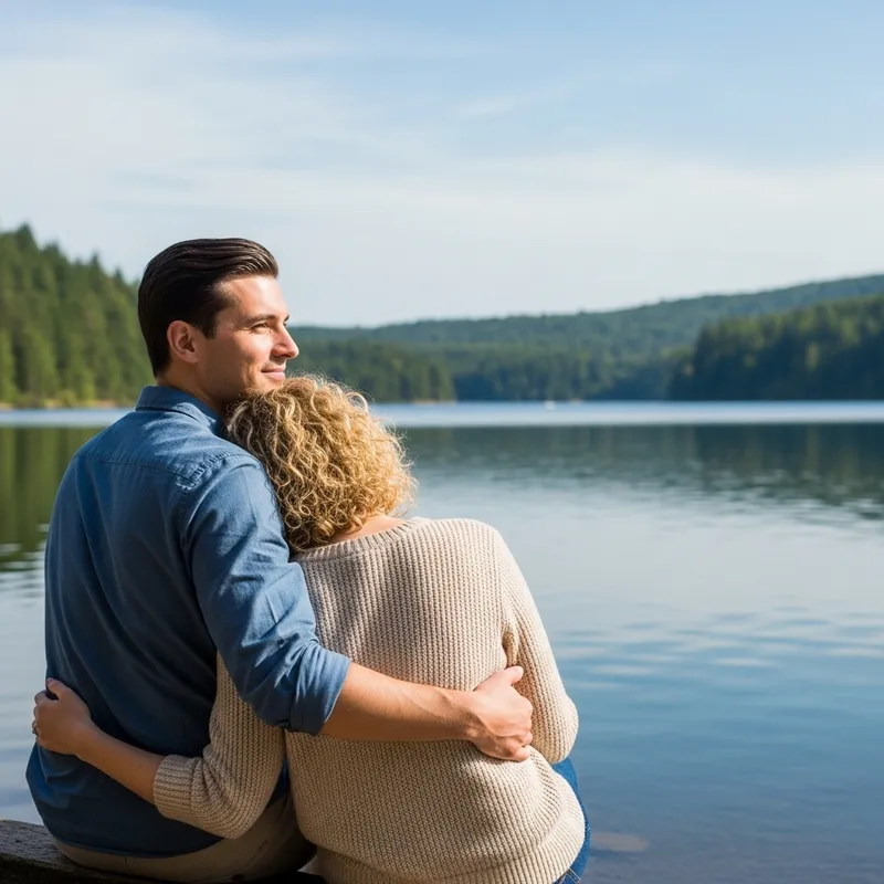 Tranquil Lake Scene: Couple Embraced in Peaceful Beauty Tranquil Lake Scene: Couple Embraced in Peaceful Beauty