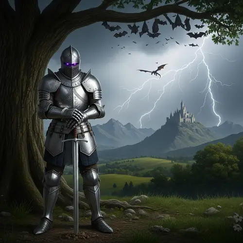 Epic Silver Knight Art: Defiant Warrior Amidst Fantasy Landscape