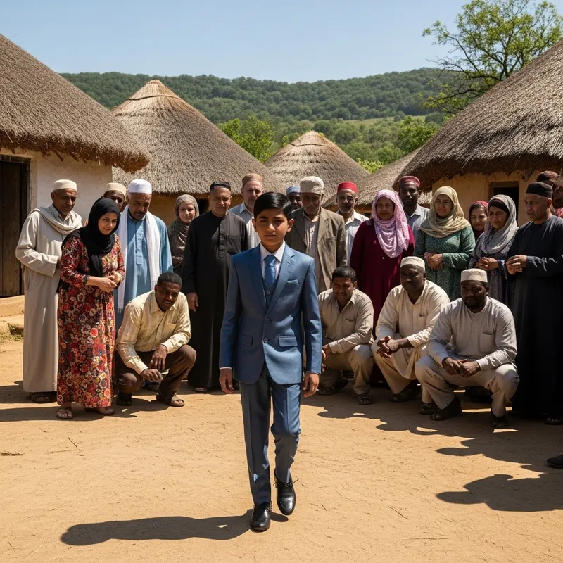 Charming Boy in Traditional Attire Surrounded by Village Folks