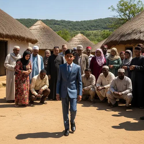 Stylish South Asian Boy in Modern Suit Amidst Rural Village