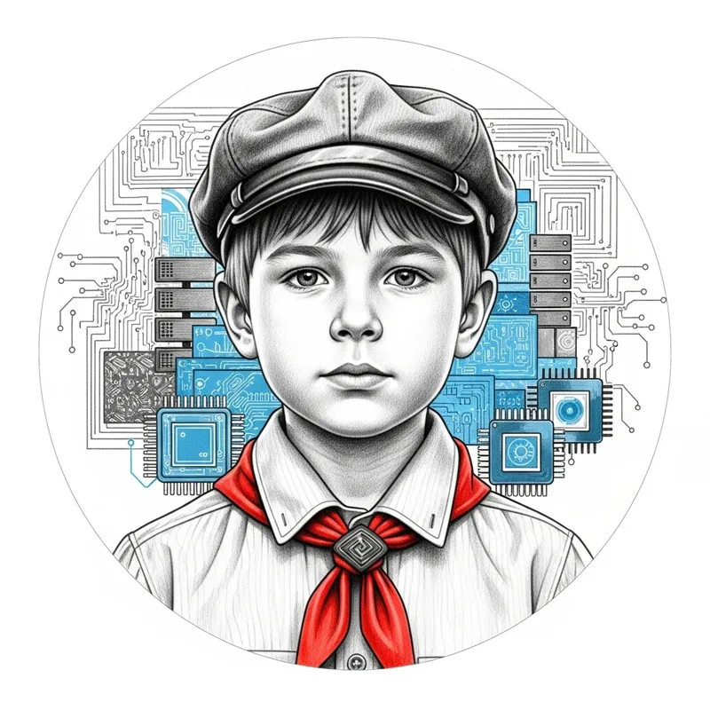 Intricate Sketch of Russian Pioneer Boy with Technological Background