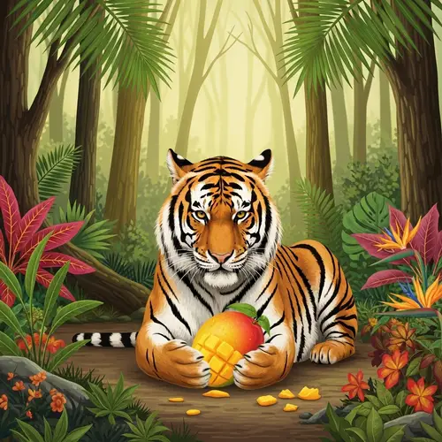 Vibrant Tiger Eating Mango in Tropical Jungle
