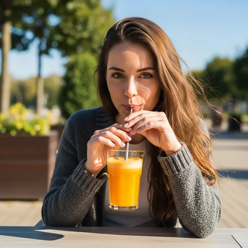 Cheerful Daisy Drinking Fresh Juice Outdoors Cheerful Daisy Drinking Fresh Juice Outdoors