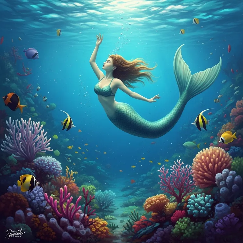 Vibrant Underwater Fantasy with Mermaid and Marine Life
