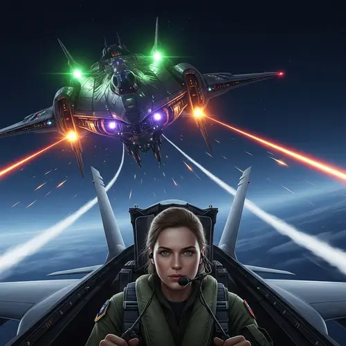 High Skies Showdown: Female Fighter Pilot Evades Futuristic Alien Ship