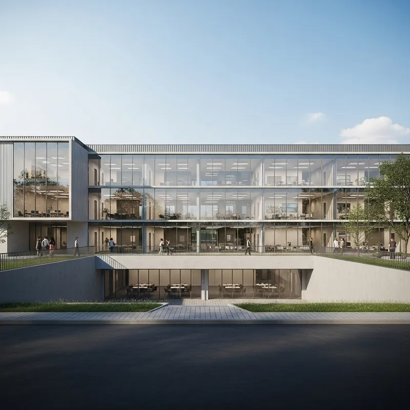 Modern Two-Story Educational Institution with Unique Gymnasium Design