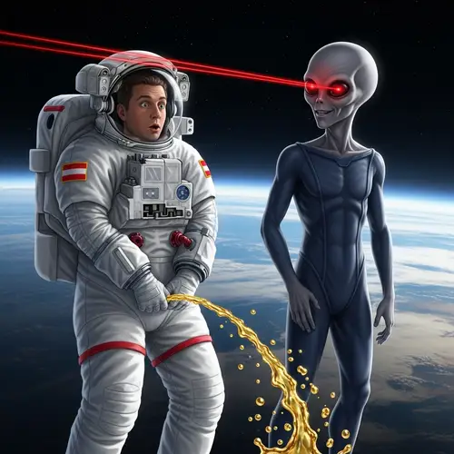 Austrian Astronaut Urinating in Space with Laser-Eyed Alien