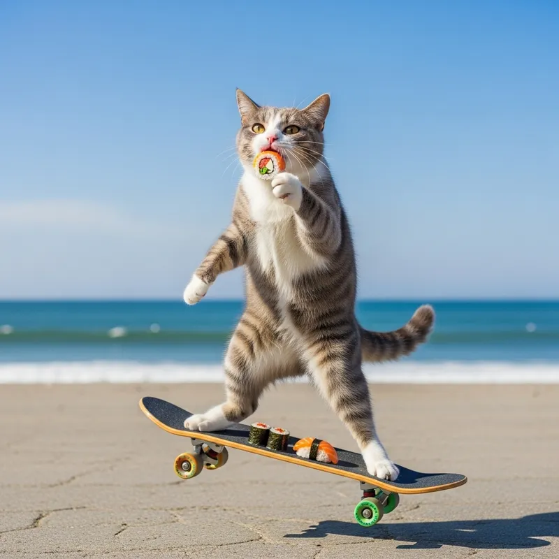 Gray and White Cat Skateboards, Eating Sushi