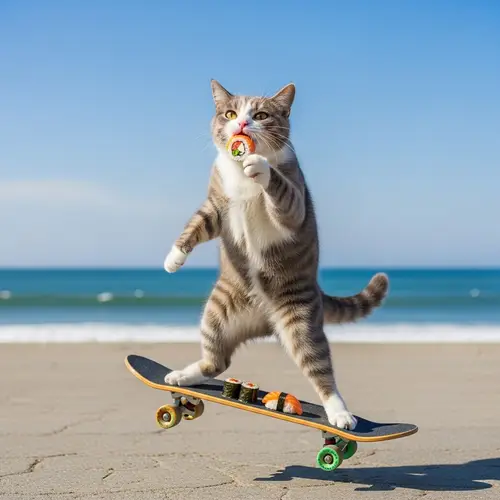 Skateboarding Cat Enjoys Sushi Adventure