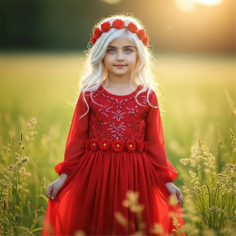 Youthful Beauty: Enchanting Image of a 7-Year-Old Girl in Red Dress
