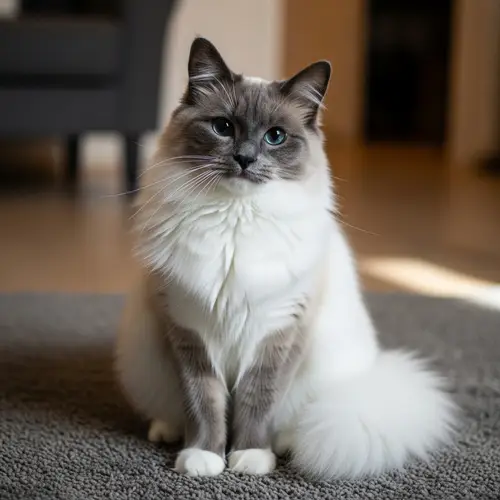 Fluffy Cat with White and Grey Features