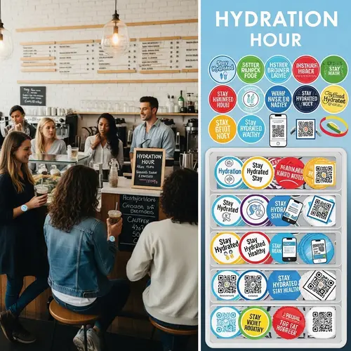 Hydration Hour Cafe: Colorful Reminder Stickers & Wristbands