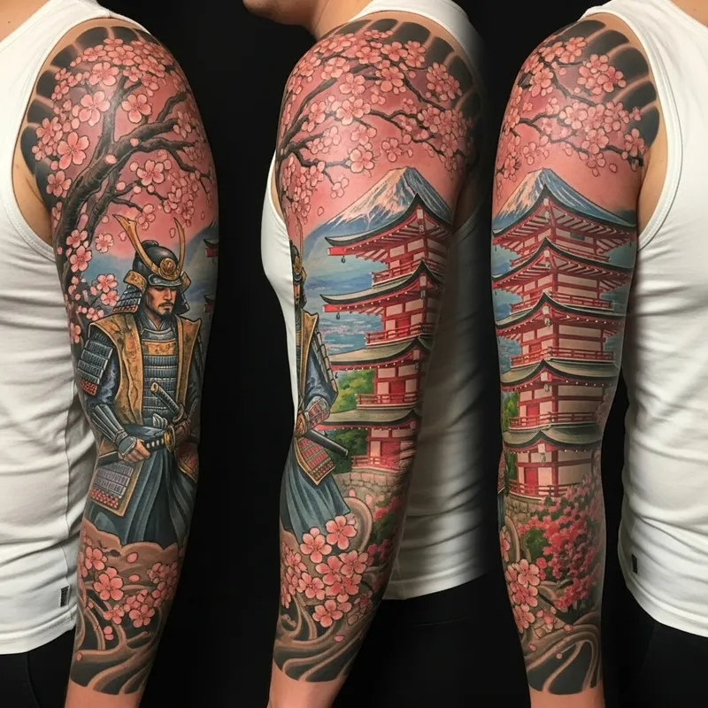 Detailed Japanese Samurai and Temple Sleeve Tattoo Design