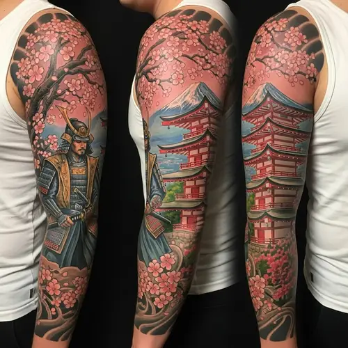 Japanese Samurai and Temple Full Sleeve Tattoo Design