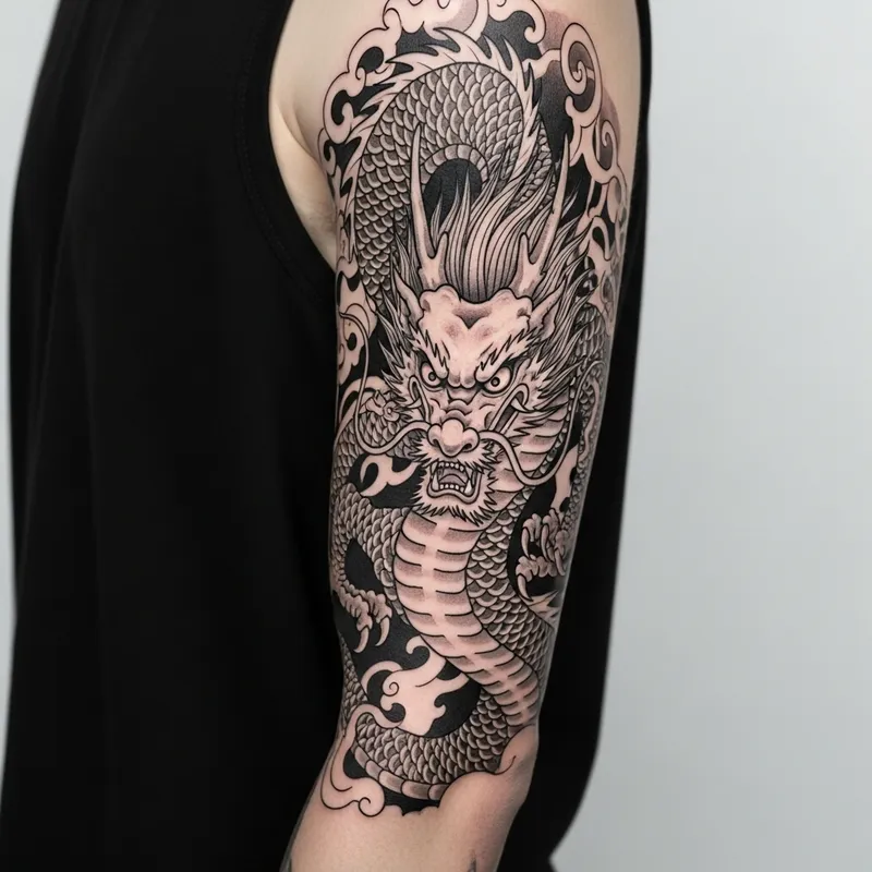Realistic Chinese Dragon Arm Tattoo in Black Ink