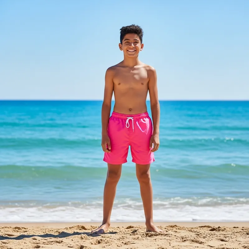 13 Year Old Hispanic Boy at the Beach | Joyful in Pink Shorts