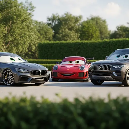 Luxury Vehicles Conversation - Surreal Scene with Cartoonish Cars