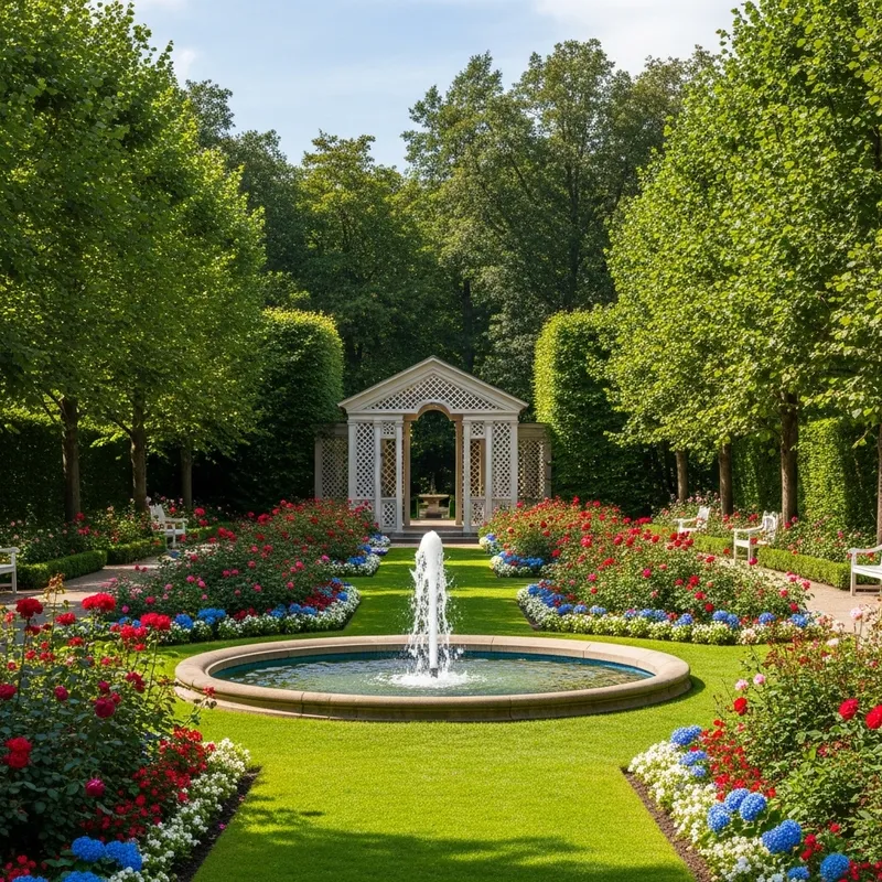 Beautiful Spring Garden with Fountain and Gazebo