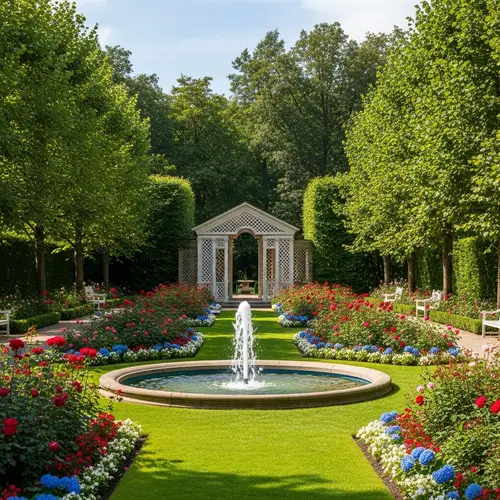 Beautiful Spring Garden with Fountain and Gazebo