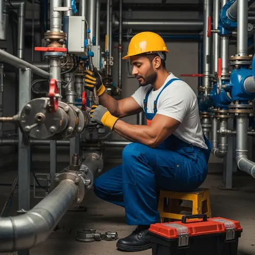 Expert Pipefitter | Skilled South Asian Man Working in Mechanical Room