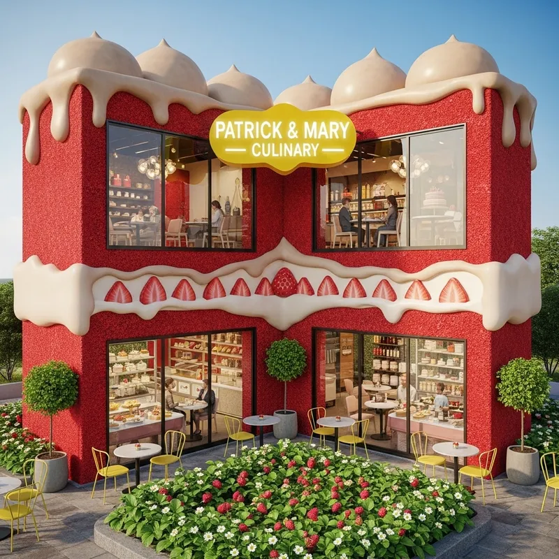 Realistic Two-Storey Cake Restaurant with Red Velvet Walls