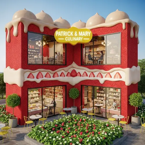 Modern Two-Storey Cake Restaurant with Red Velvet Walls