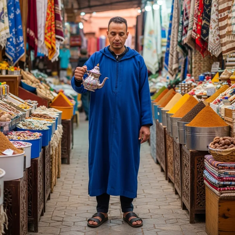 Traditional Morrocan Man in Djellaba with Teapot