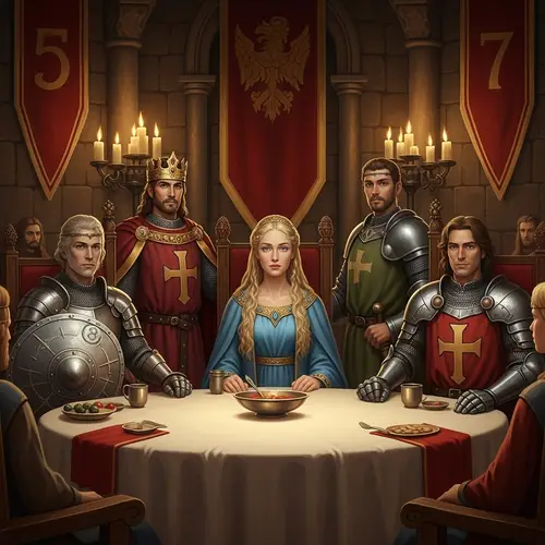 Arthurian Legends Round Table Scene with King Arthur, Lancelot, Lady of the Lake, Perceval