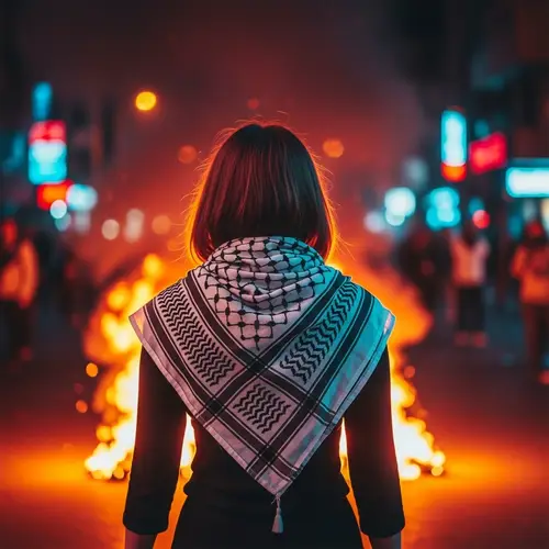 Resilient Woman Stands Amidst City Protest | Fiery Scene
