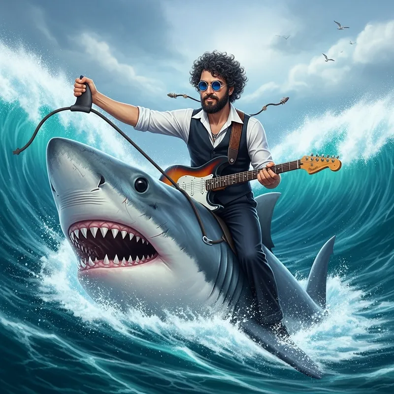 Jeff Lynne Riding Shark in Epic Ocean Scene Jeff Lynne Riding Shark in Epic Ocean Scene