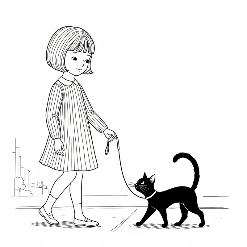 Young Girl Walking Black Cat - Simple Black and White Illustration Young Girl Walking Black Cat - Simple Black and White Illustration