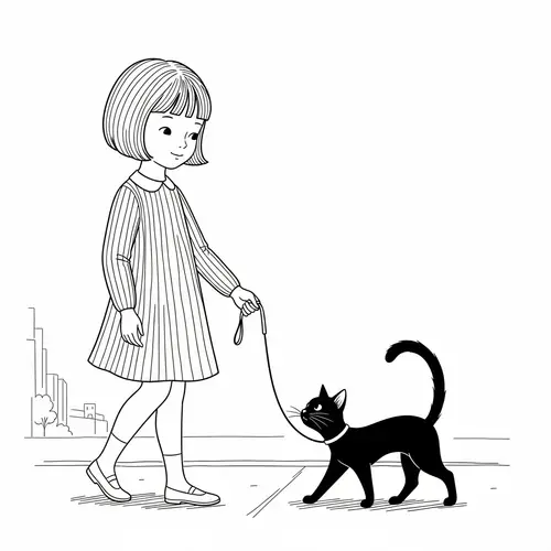 Young Girl Walking Black Cat - Simple Illustration