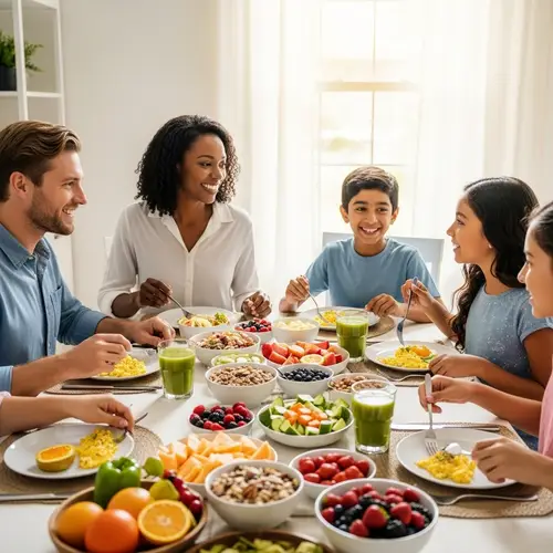 Family Breakfast Scene: Healthy Foods and Warm Conversations