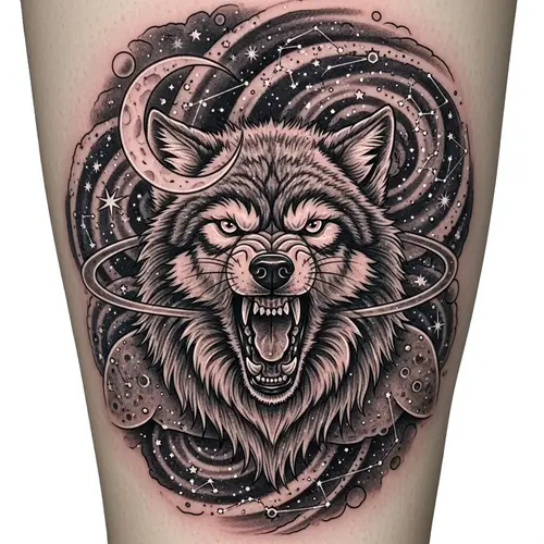 Angry Wolf Tattoo Surrounded by Astronomical Elements