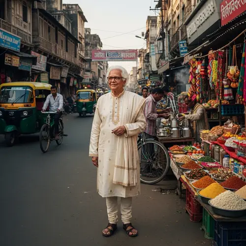Public Figure in Traditional Indian Attire on Busy Street