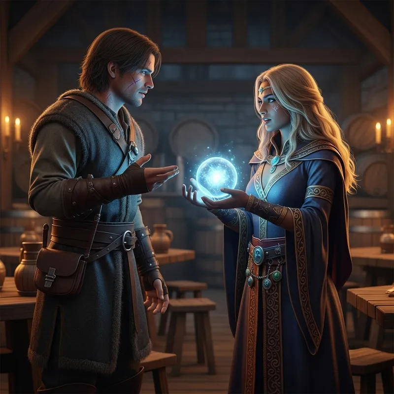 Man with Scars and Sorceress in Dimly Lit Tavern