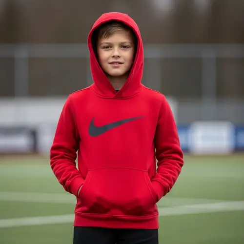 Young Boy in Vibrant Red Nike Sweatshirt | Sporty Style