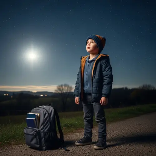 Young Boy Stargazing in Rural Setting