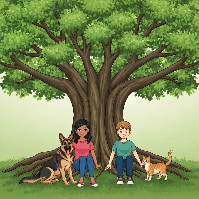 Peaceful Nature Scene: Multicultural Couple with Pets under Shade Tree