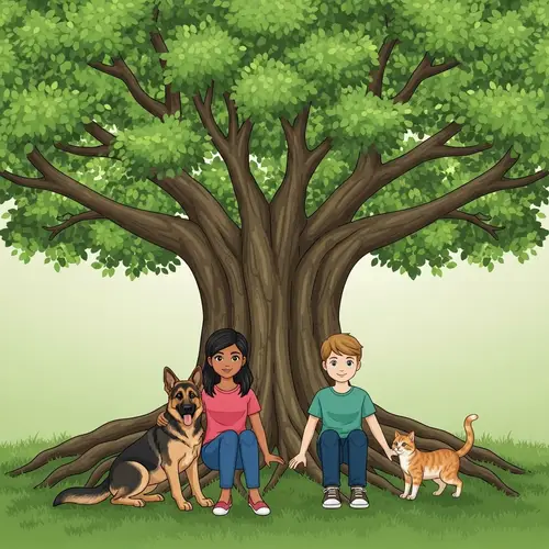 Tranquil Nature Scene: South Asian Girl and Caucasian Boy with Pets under Tree